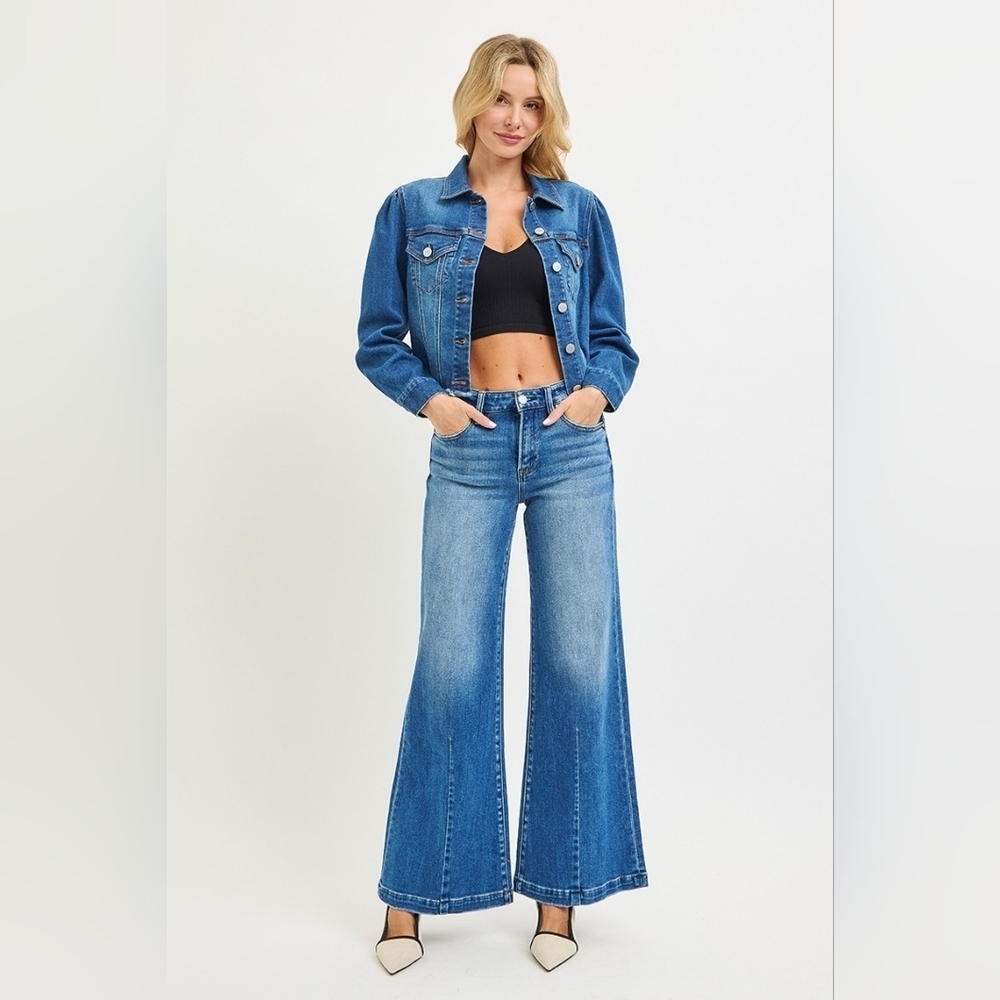 Risen MR Medium Wash Wide Leg Flared Denim Jeans Hybrid Seam Detail Various NEW